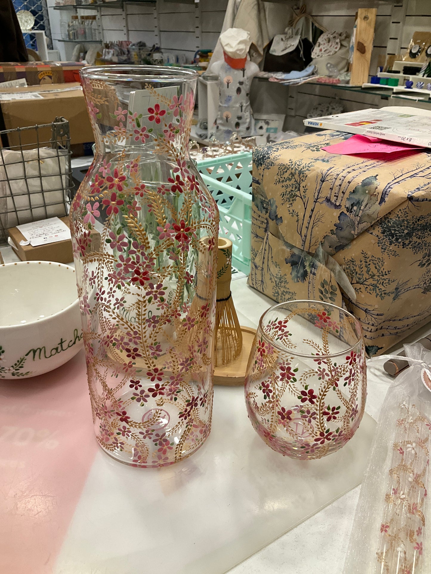 Lot verre + carafe fleurs - ID Créations Paris