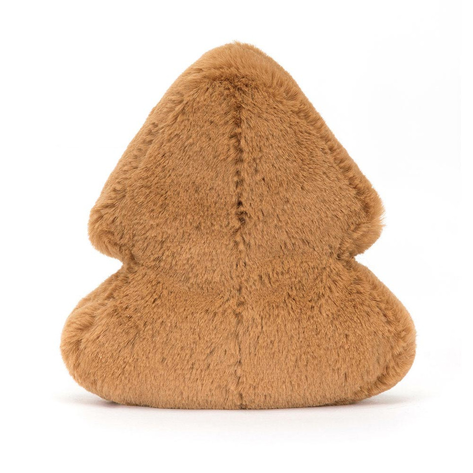 peluche cookie en forme de sapin de dos avec un visage qui sourit et avec des petites perles vertes et rouges
