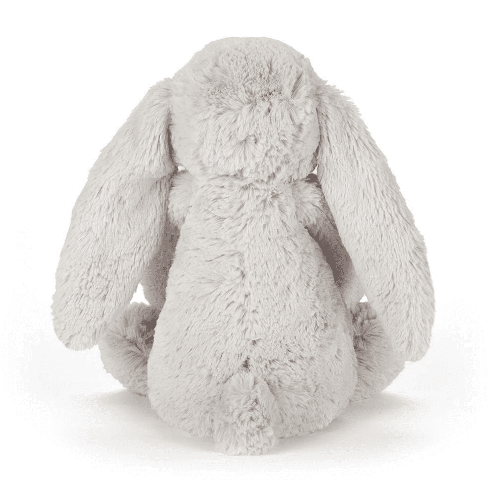 peluche lapin argenté de dos sur fond blanc