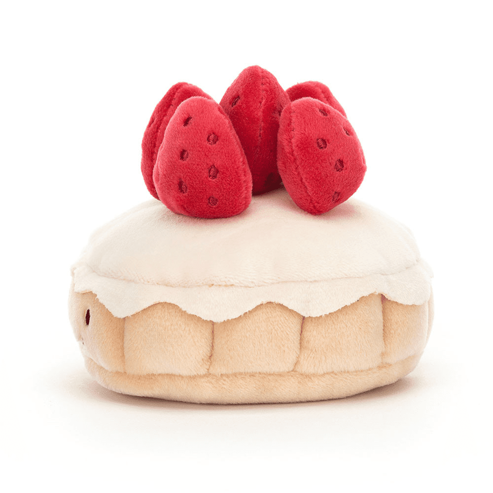 peluche en forme de tarte aux fraises de coté sur fond blanc