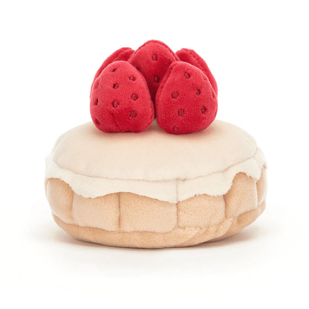 peluche en forme de tarte aux fraises de dos sur fond blanc
