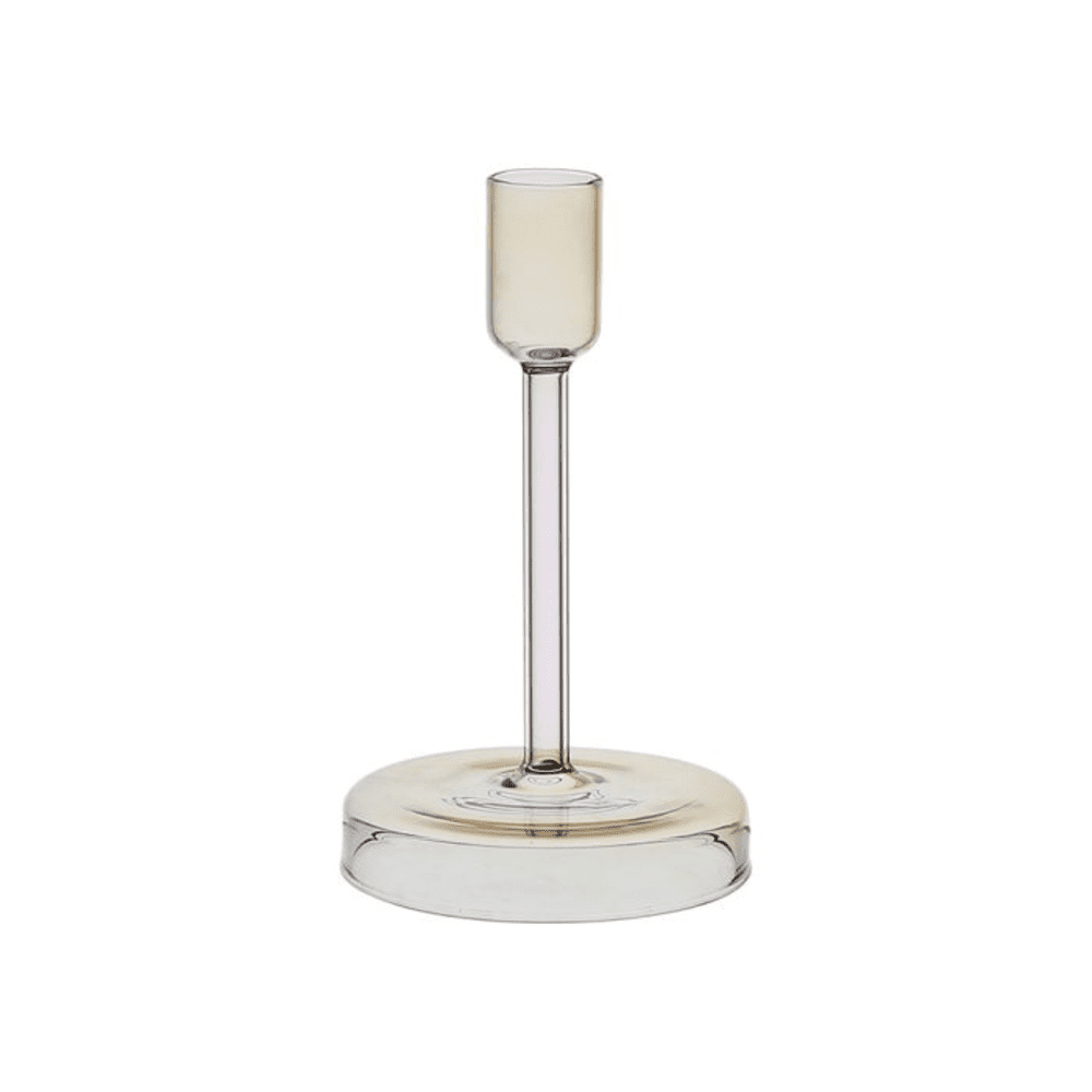 bougeoir longue bougie transparent rose et jaune sur fond blanc