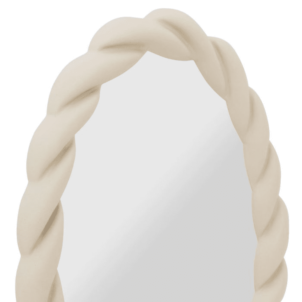 petit miroir ovale bordure tressée de couleur naturel sur fond blanc