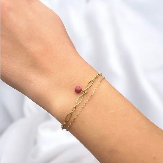 bracelet duo en acier inoxydable avec pierre semi precieuse tourmaline rose